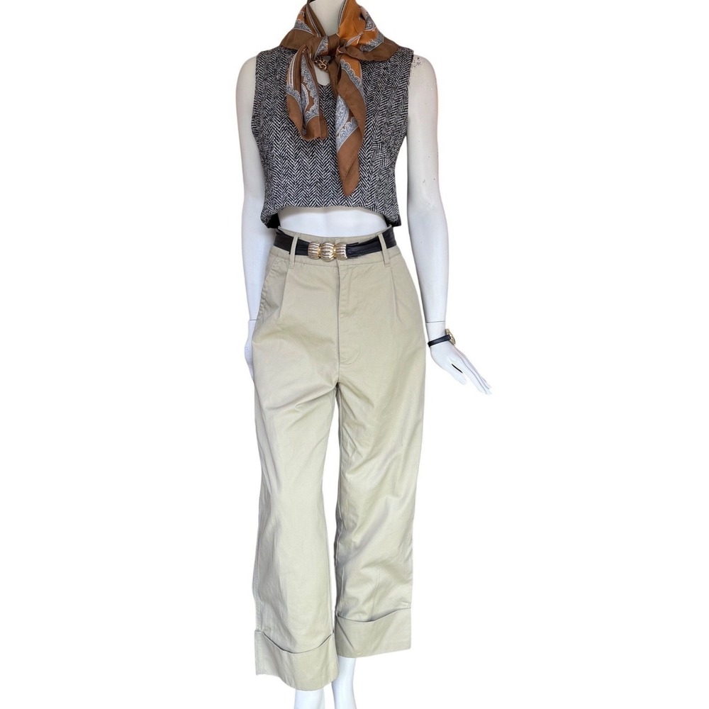 BDG Chino Trousers High Waist Pleated Wide Leg Cuffed Khaki Tan Preppy 90s Sz 4
